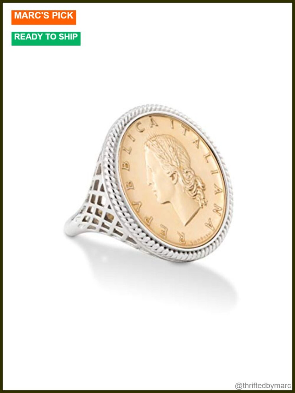Sterling Silver 20 Lira Coin Rope Ring Italian Bezel Statement